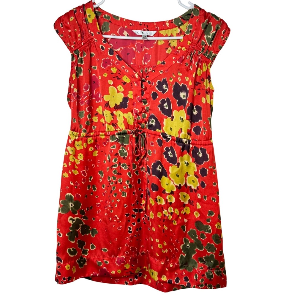 Cabi Blouse Women XS Red Floral V-Neck Drawstring Empire Waist Cap Sleeve 363